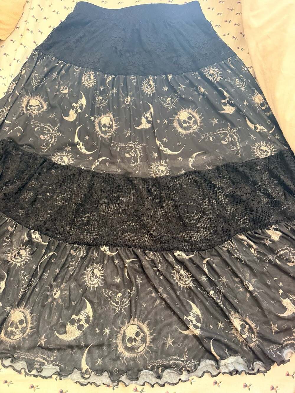 Hot Topic Cosmic Aura Celestial Skull Sun Moon Ruffle Midi Skirt